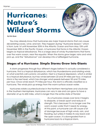 Weather Reading Comprehension - Hurricanes
