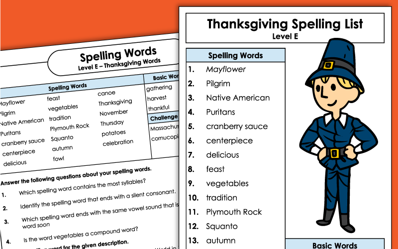 Thanksgiving Spelling Worksheets - 5th Grade