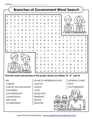 Branches of Government Worksheets - Word Search Puzzle