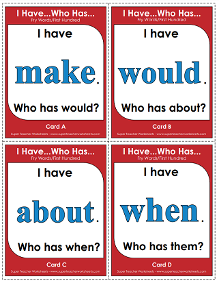 Fry Words Worksheets - Card Game/Activities