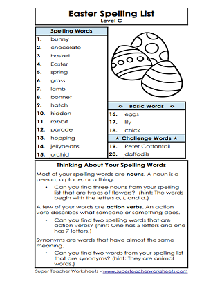 Easter Spelling Worksheets - List