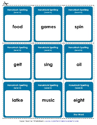 1st Grade Printable Spelling List Flashcards Worksheet Hanukkah Theme Words