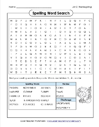 3rd Grade Thanksgiving Words Theme Spelling List Word Search Puzzle Worksheet