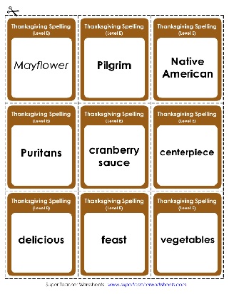 5th Grade Thanksgiving Spelling List Level E Flash Cards Worksheet