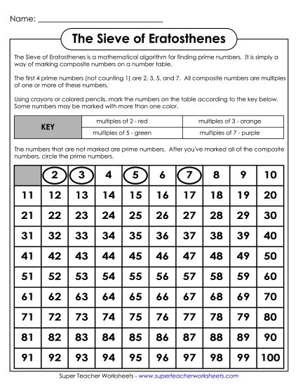 Prime Numbers -  Sieve of Eratosthenes (Printable PDF Worksheet)