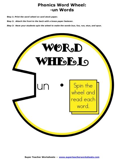 Flash Cards and Word Wheels - -un Word Family Wheel (Printable PDF Worksheet)