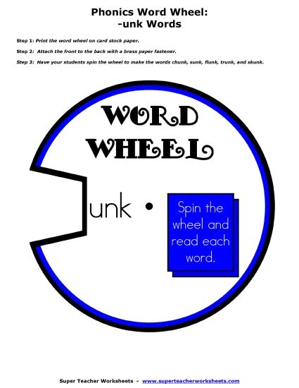 Flash Cards and Word Wheels - -unk Word Family Wheel (Printable PDF Worksheet)