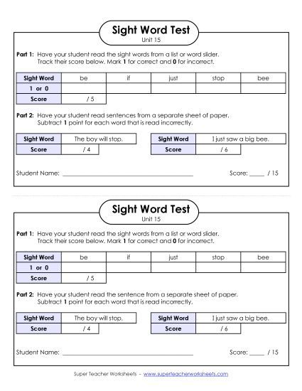 Sight Word Tests - 1-on-1 Reading Test (Unit 15) (Printable PDF Worksheet)