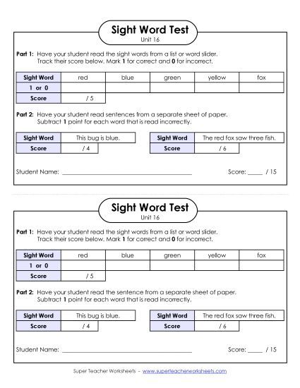 Sight Word Tests - 1-on-1 Reading Test (Unit 16) (Printable PDF Worksheet)