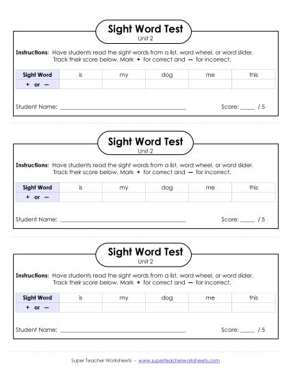 Sight Word Tests - 1-on-1 Reading Test (Unit 2) (Printable PDF Worksheet)