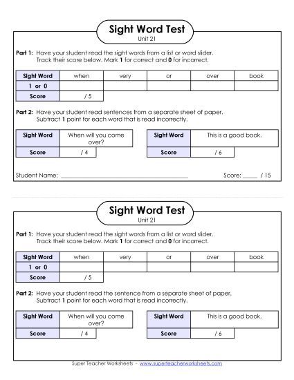 Sight Word Tests - 1-on-1 Reading Test (Unit 21) (Printable PDF Worksheet)