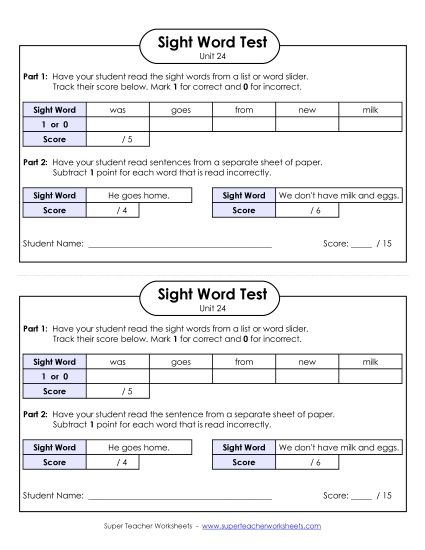 Sight Word Tests - 1-on-1 Reading Test (Unit 24) (Printable PDF Worksheet)