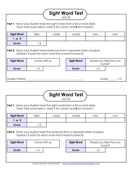 Sight Word Tests - 1-on-1 Reading Test (Unit 25) (Printable PDF Worksheet)