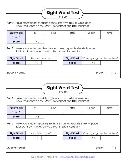 Sight Word Tests - 1-on-1 Reading Test (Unit 29) (Printable PDF Worksheet)