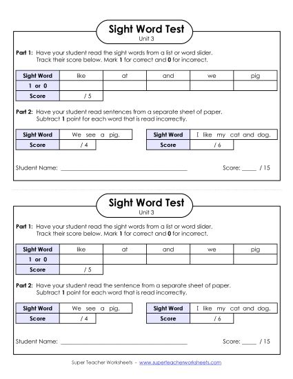 Sight Word Tests - 1-on-1 Reading Test (Unit 3) (Printable PDF Worksheet)