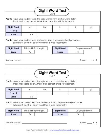 Sight Word Tests - 1-on-1 Reading Test (Unit 5) (Printable PDF Worksheet)
