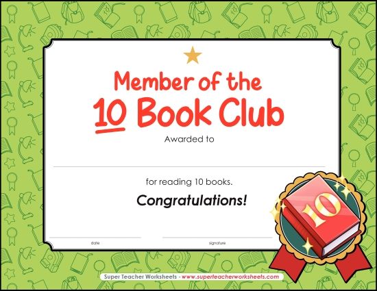 Reading & Writing Awards - 10 Book Award (Printable PDF Worksheet)
