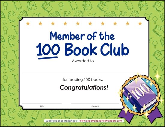 Reading & Writing Awards - 100 Book Award (Printable PDF Worksheet)