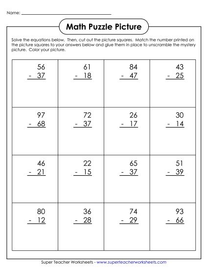 100 Days Math - 100 Days - Subtraction (Borrowing) (Printable PDF Worksheet)