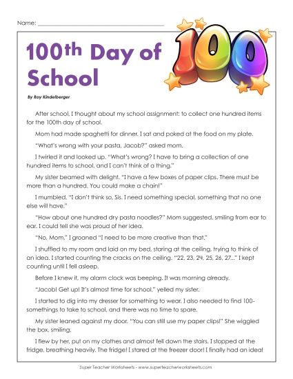Reading - 100th Day of School (Fiction Story) (Printable PDF Worksheet)