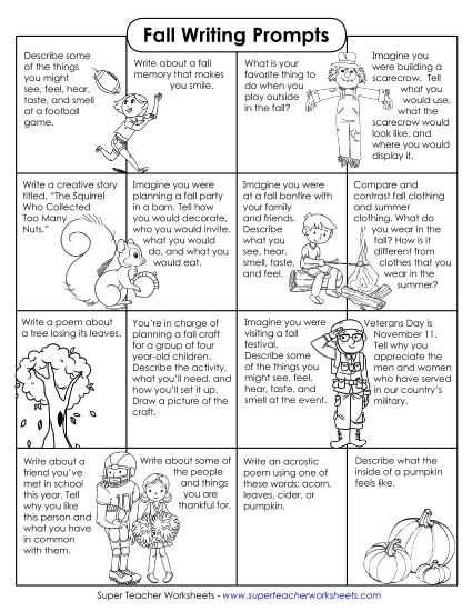 Writing - 16 Fall Writing Prompts (Printable PDF Worksheet)