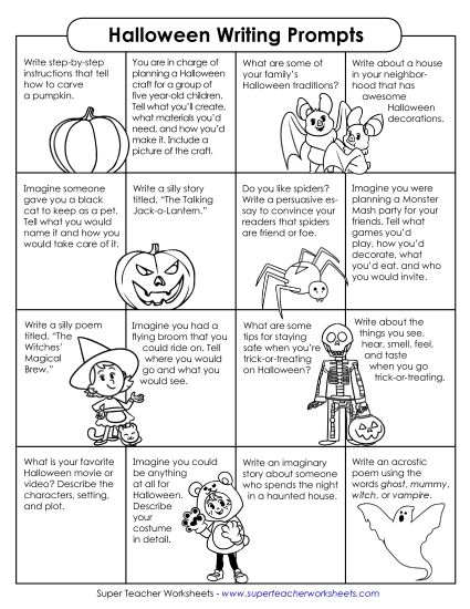 Halloween Writing Worksheets - 16 Halloween Writing Prompts (Printable PDF Worksheet)