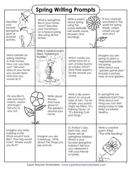 Writing - 16 Spring Writing Prompts (Printable PDF Worksheet)
