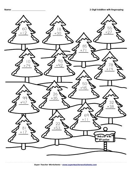 Christmas Addition - 2-Digit Addition Christmas Trees (With Regrouping) (Printable PDF Worksheet)