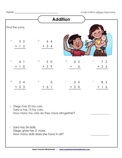 Addition (No Borrowing) - 2-Digit Addition Problems (No Regrouping) (Printable PDF Worksheet)