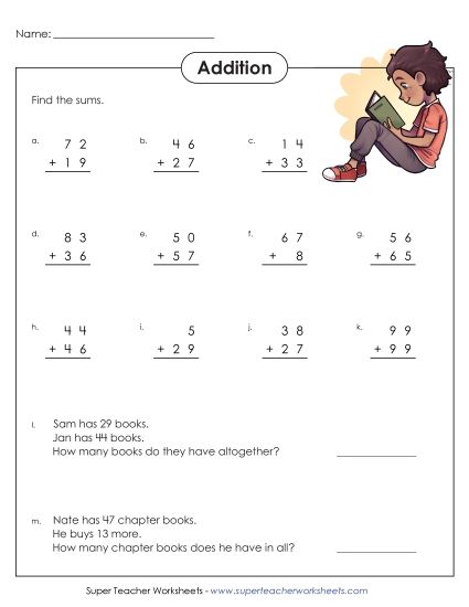 Worksheets (2-Digit Addends) - 2-Digit Addition Problems (Regrouping)  (Printable PDF Worksheet)