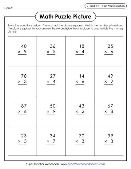 Christmas Multiplication Worksheets - 2-Digit by 1-Digit Multiplication: Match Puzzle Picture (Fireplace Scene) (Printable PDF Worksheet)