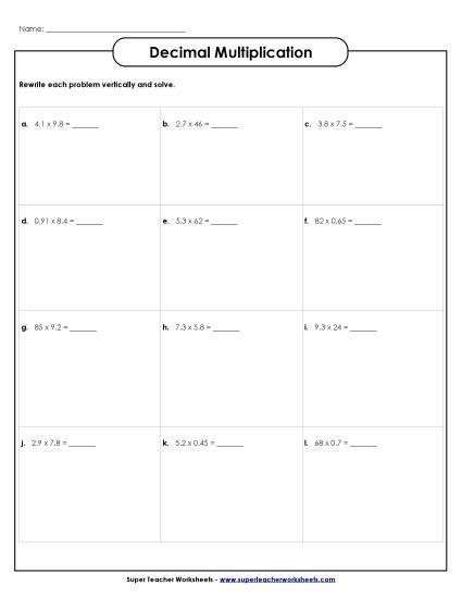 Multiplying Decimals By 2-Digit Numbers - 2-Digit Decimal Multiplication (Horizontal Problems) (Printable PDF Worksheet)