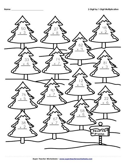 Christmas Multiplication Worksheets - 2-Digit Multiplication Christmas Trees (Printable PDF Worksheet)
