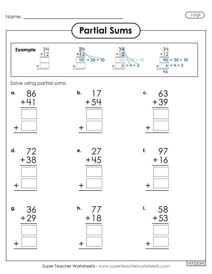 Partial Sums - 2-Digit Partial Sums Addition (with Example) (Printable PDF Worksheet)