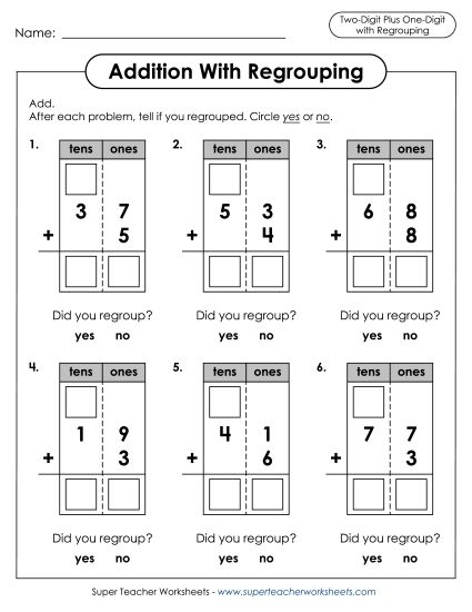 Worksheets (2-Digit Addends) - 2-Digit Plus 1-Digit with Regrouping (Printable PDF Worksheet)