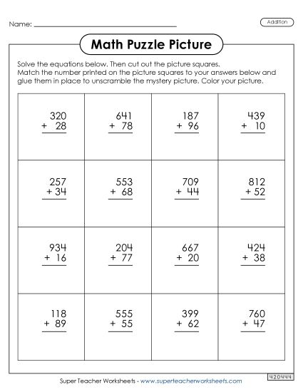 Addition (3-Digit Addends) - 3-Digit + 2 Digits - Snowman Picture Puzzle (Printable PDF Worksheet)