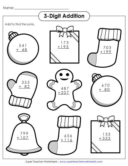 Christmas Addition - 3-Digit Addition Christmas Symbols (Printable PDF Worksheet)