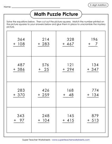 Christmas Addition - 3-Digit Addition: Match Puzzle Picture (Gingerbread) (Printable PDF Worksheet)