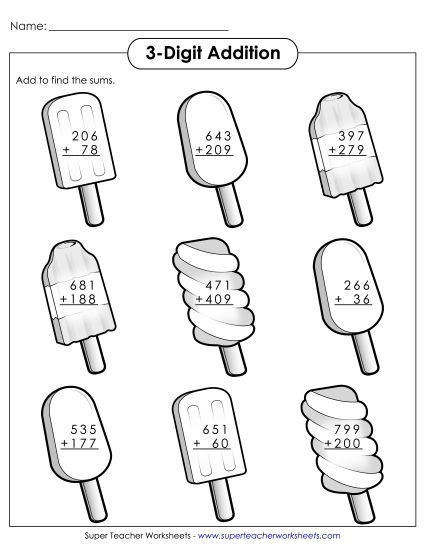 Summer Addition - 3 - Digit Addition Popsicles (Printable PDF Worksheet)