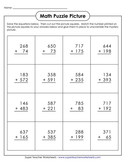 Addition - 3-Digit Addition: Werewolf Cut-and-Glue Mystery Puzzle (Printable PDF Worksheet)