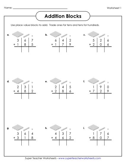 Addition (3-Digit Addends) - 3-Digit Addition with Place Value Blocks (Printable PDF Worksheet)
