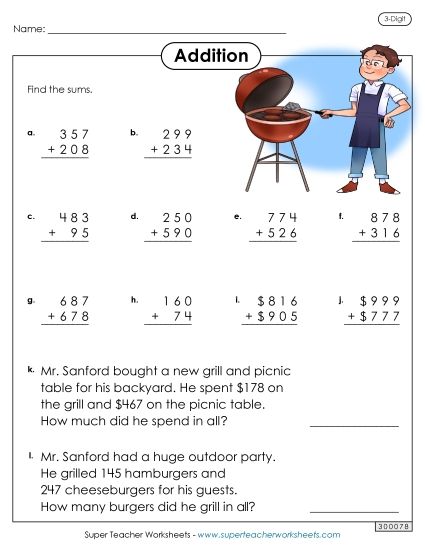 Addition (3-Digit Addends) - 3-Digit Addition Worksheet (Printable PDF Worksheet)