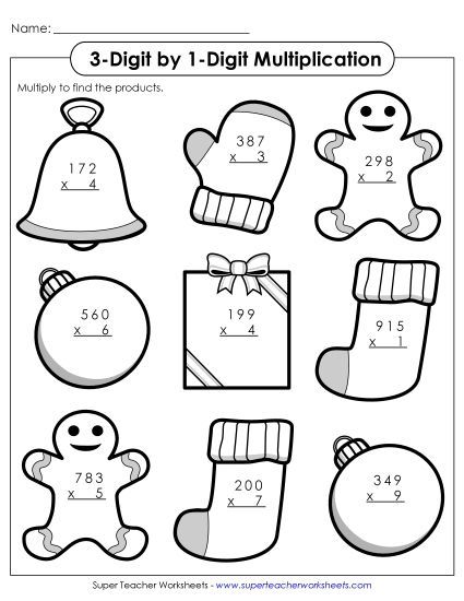Christmas Multiplication Worksheets - 3-Digit by 1-Digit Christmas Multiplication (Printable PDF Worksheet)