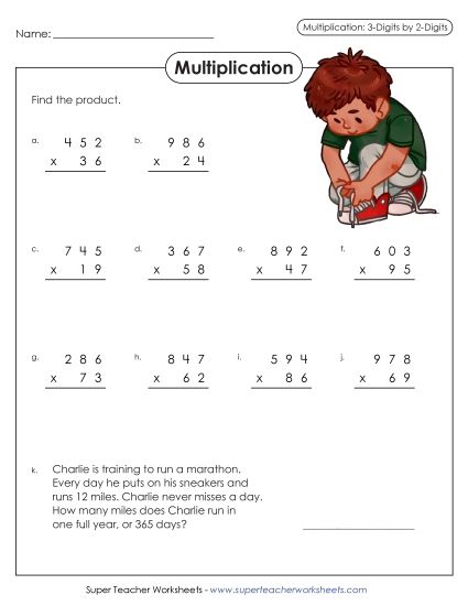 3-Digit Times 2-Digit Worksheets - 3-Digit by 2-Digit Multiplication (Printable PDF Worksheet)