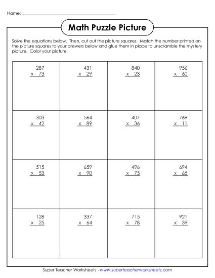 3-Digit Times 2-Digit Worksheets - 3-Digit by 2-Digit - Pirate Picture Puzzle (Printable PDF Worksheet)