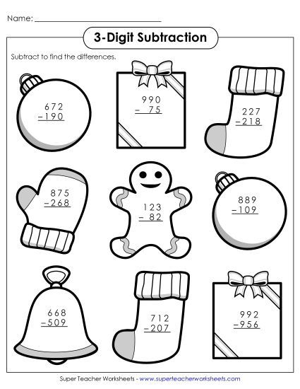 Christmas Subtraction - 3-Digit Christmas Subtraction (Printable PDF Worksheet)