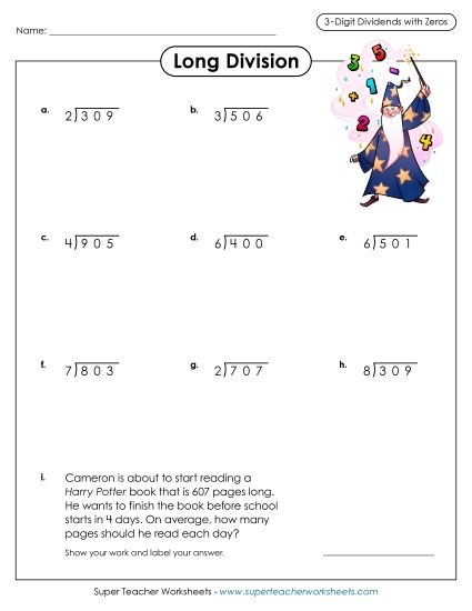 Quotients with Zero - 3-Digit Dividends including Zeroes (Printable PDF Worksheet)