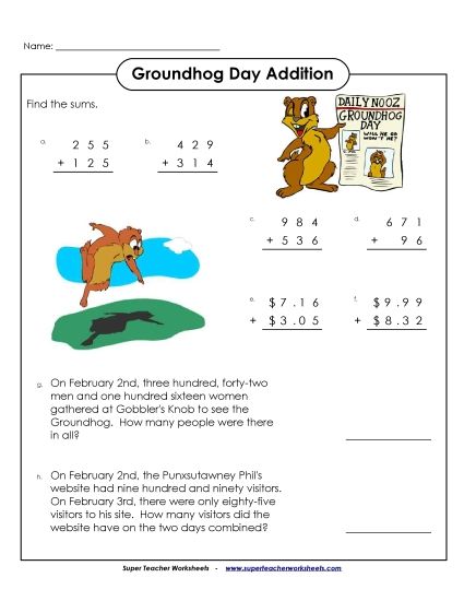 Groundhog Math - 3-Digit Groundhog Addition (Printable PDF Worksheet)