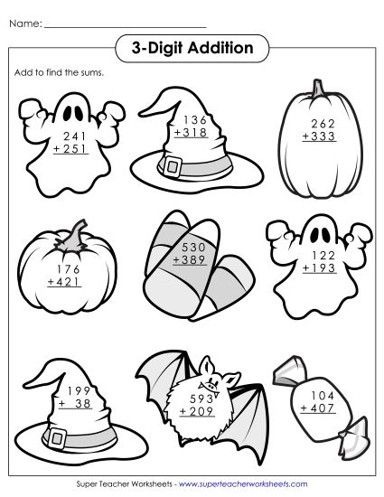 Addition - 3-Digit Halloween Addition  (Printable PDF Worksheet)