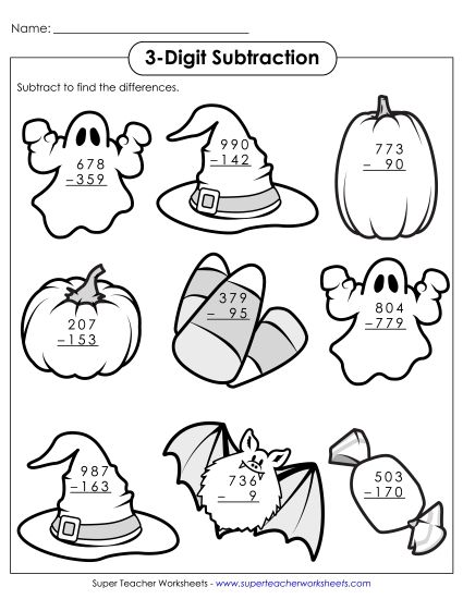 Subtraction - 3-Digit Halloween Subtraction (Printable PDF Worksheet)